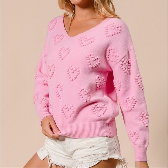 BiBi Pompom V Neck Knit Top Pale Pink Heart Pattern Sweater Sz Medium [6-8] - Picture 7 of 15